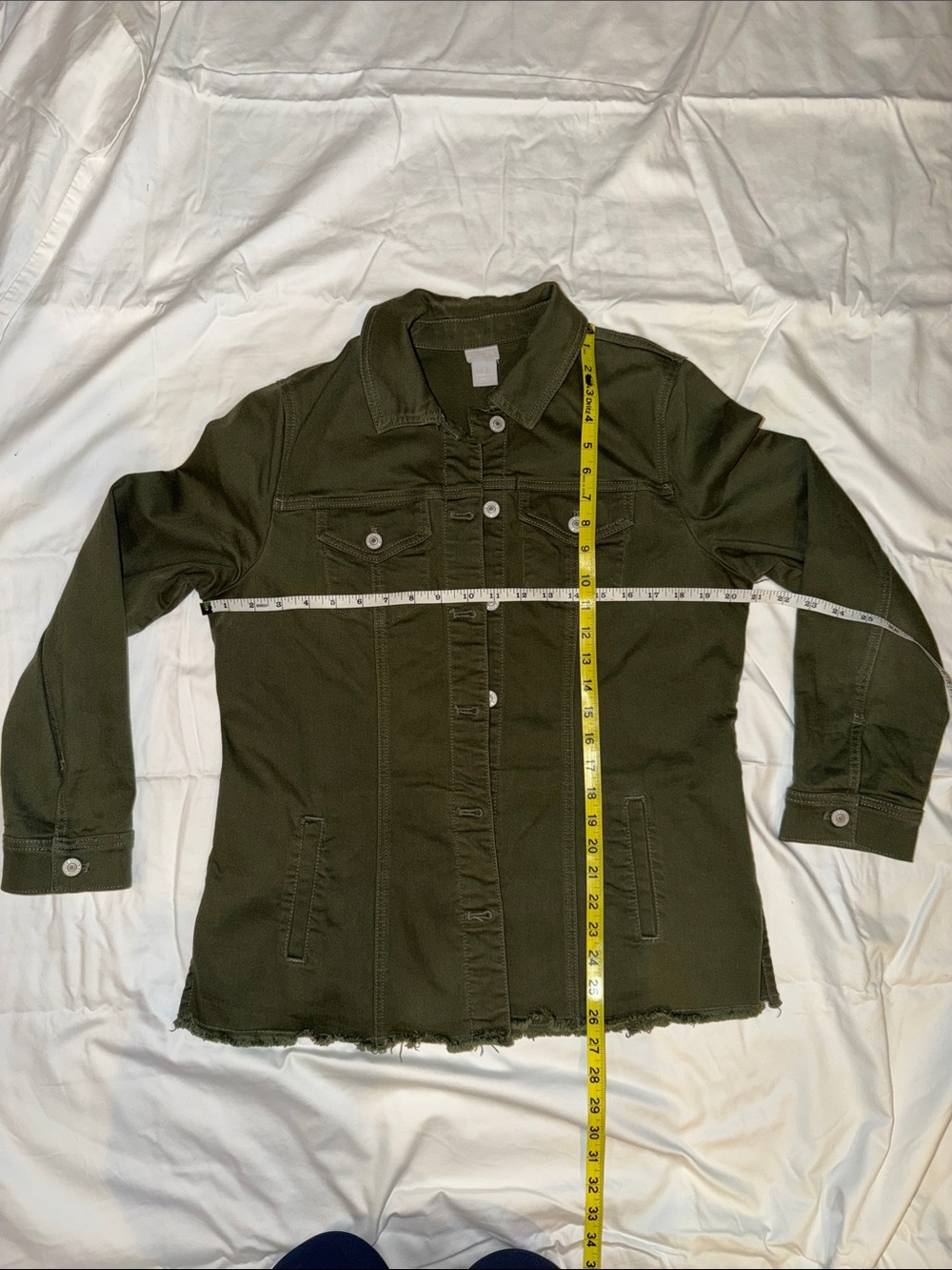 Chico's Dark Olive Green Button-Front Jean Jacket with Frayed Hem